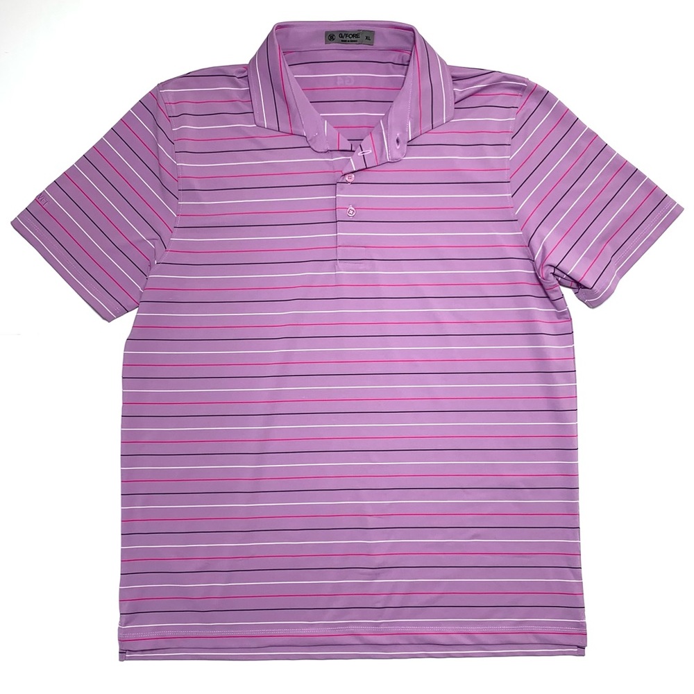 G/FORE Pink and Purple Striped Polo Shirt